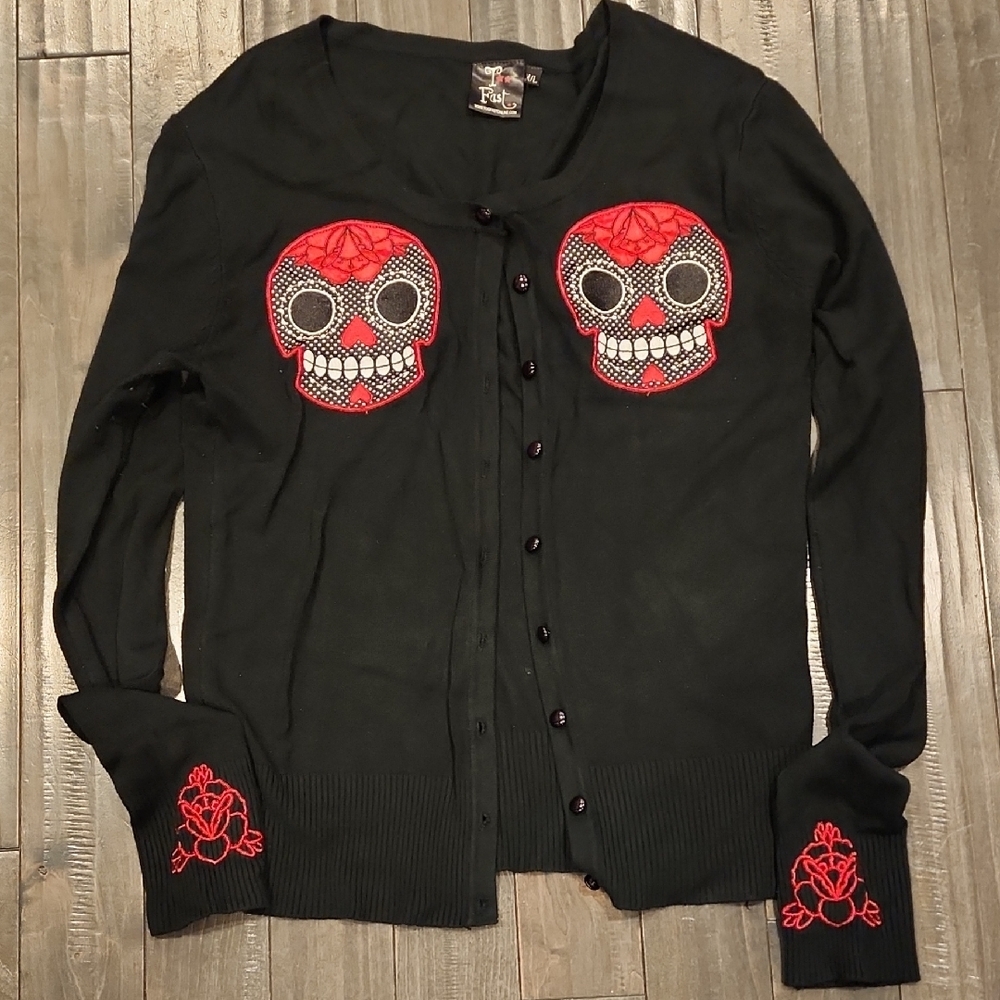 Too Fast Black Cardigan with Red Sugar Skull & Rose Appliqués